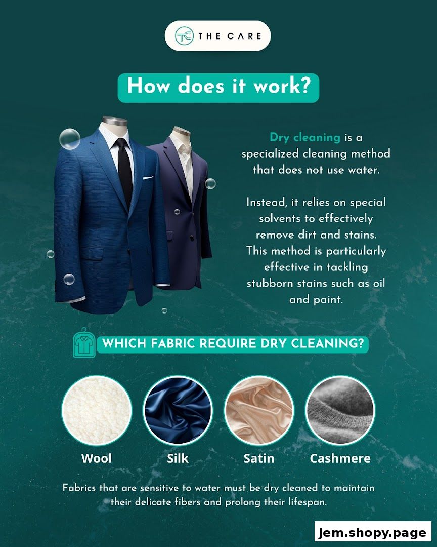 An infographic explaining how dry cleaning works and which fabrics require it.