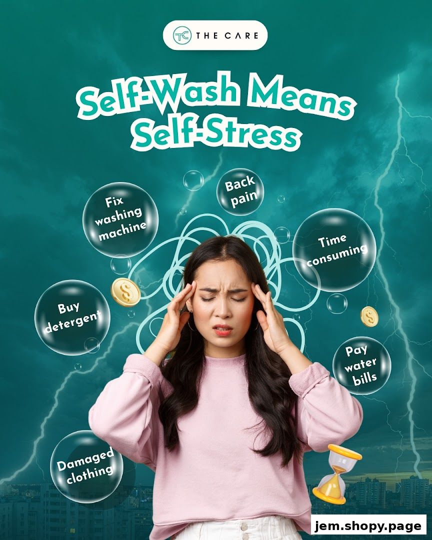 A distressed woman holds her head amidst bubbles listing laundry-related stresses.