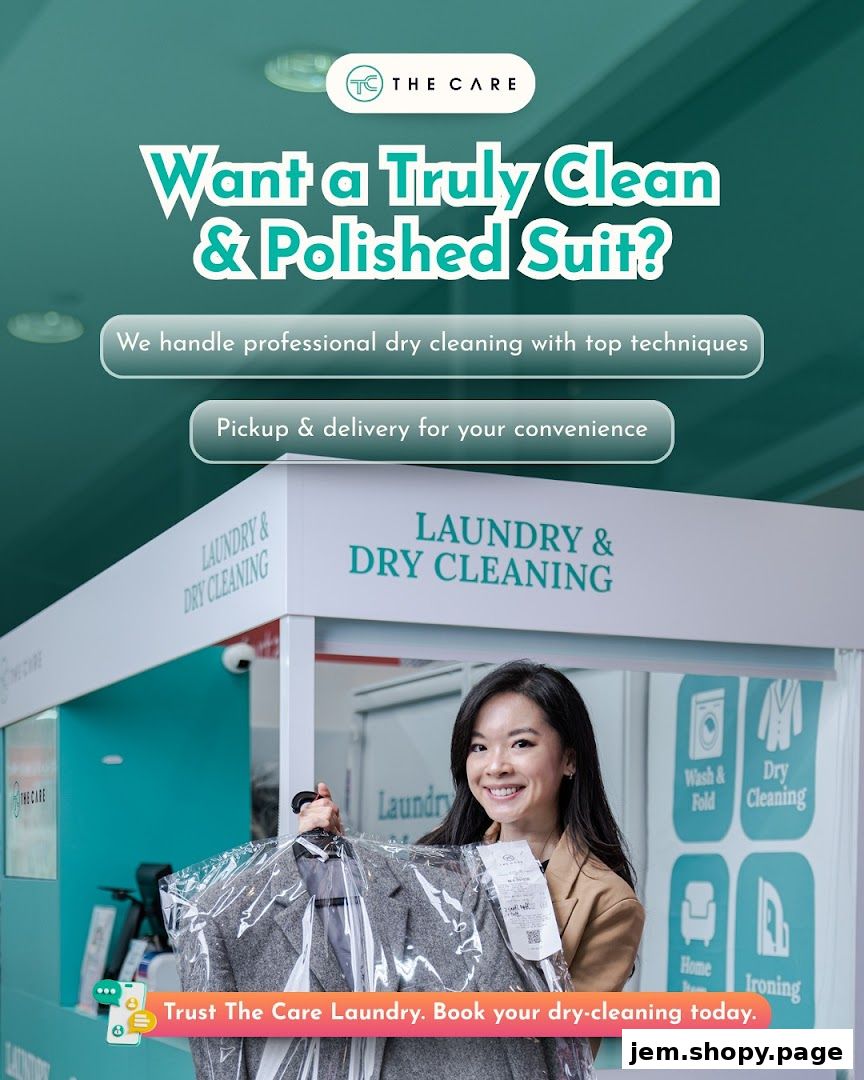 A woman smiles holding a dry-cleaned suit outside The Care Laundry shop.