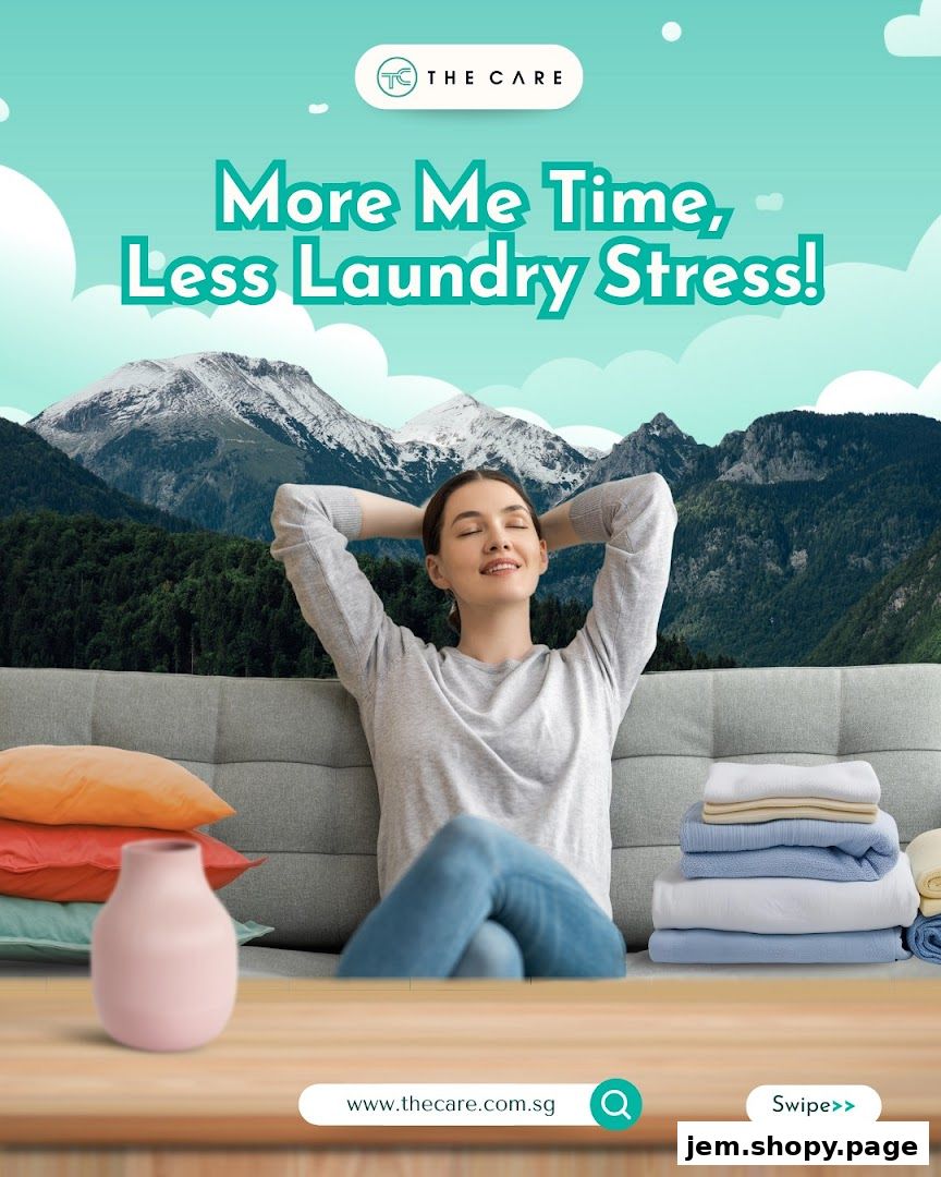 A woman relaxes on a couch with a stack of folded laundry, mountains in the background.