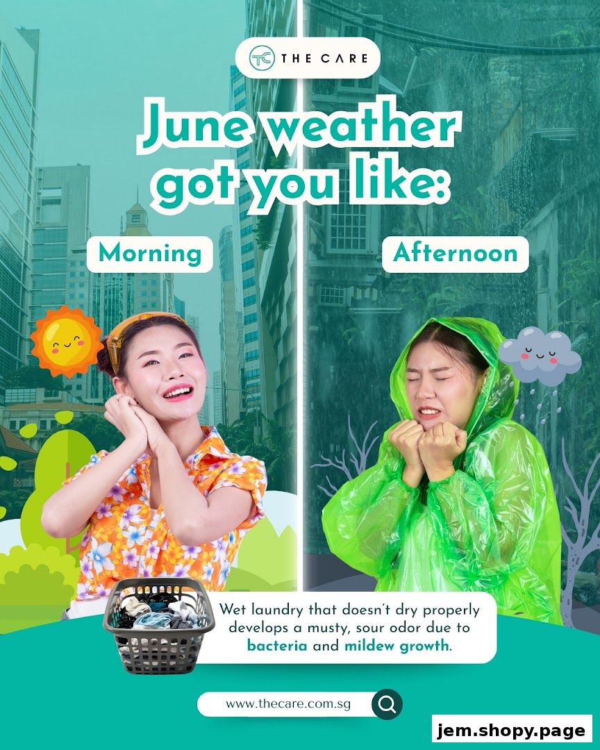 Ad for The Care Laundry showing contrasting weather and its effect on laundry.