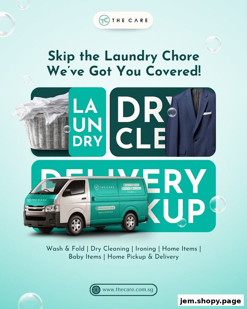 Advertisement for The Care Laundry services, highlighting laundry, dry cleaning, and delivery.