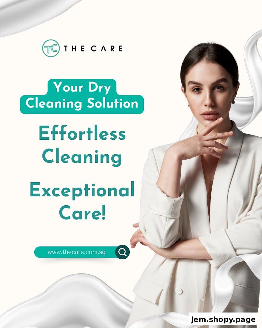 A woman in a white blazer with text promoting dry cleaning services.