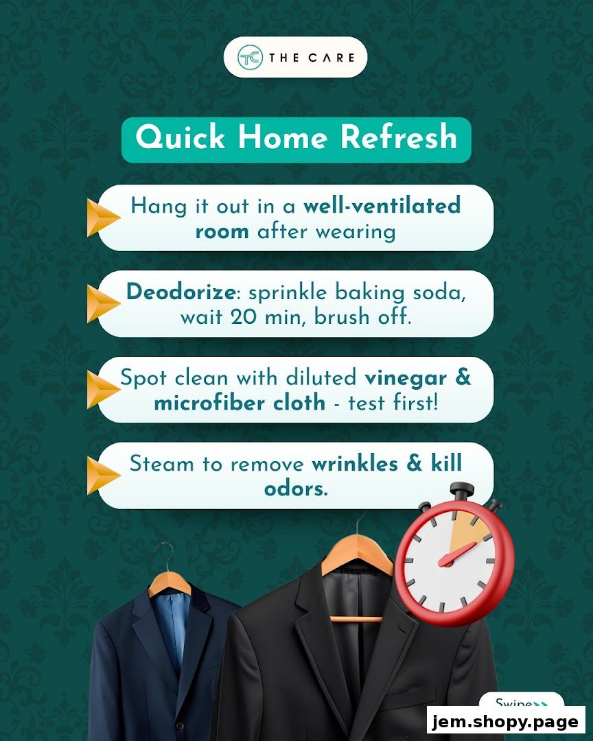 A graphic displaying tips for refreshing clothes at home, featuring suits and a stopwatch.