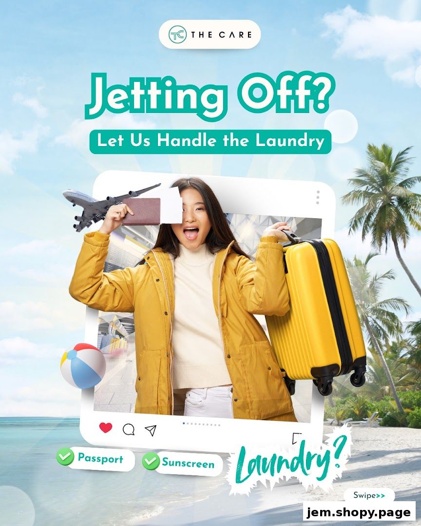 A woman with a suitcase and passport is ready for travel, with laundry services offered.