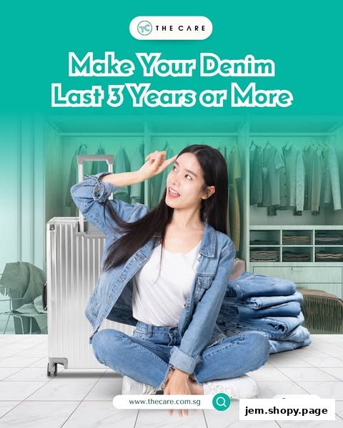 A woman in denim sits with a suitcase and folded jeans, promoting laundry services.
