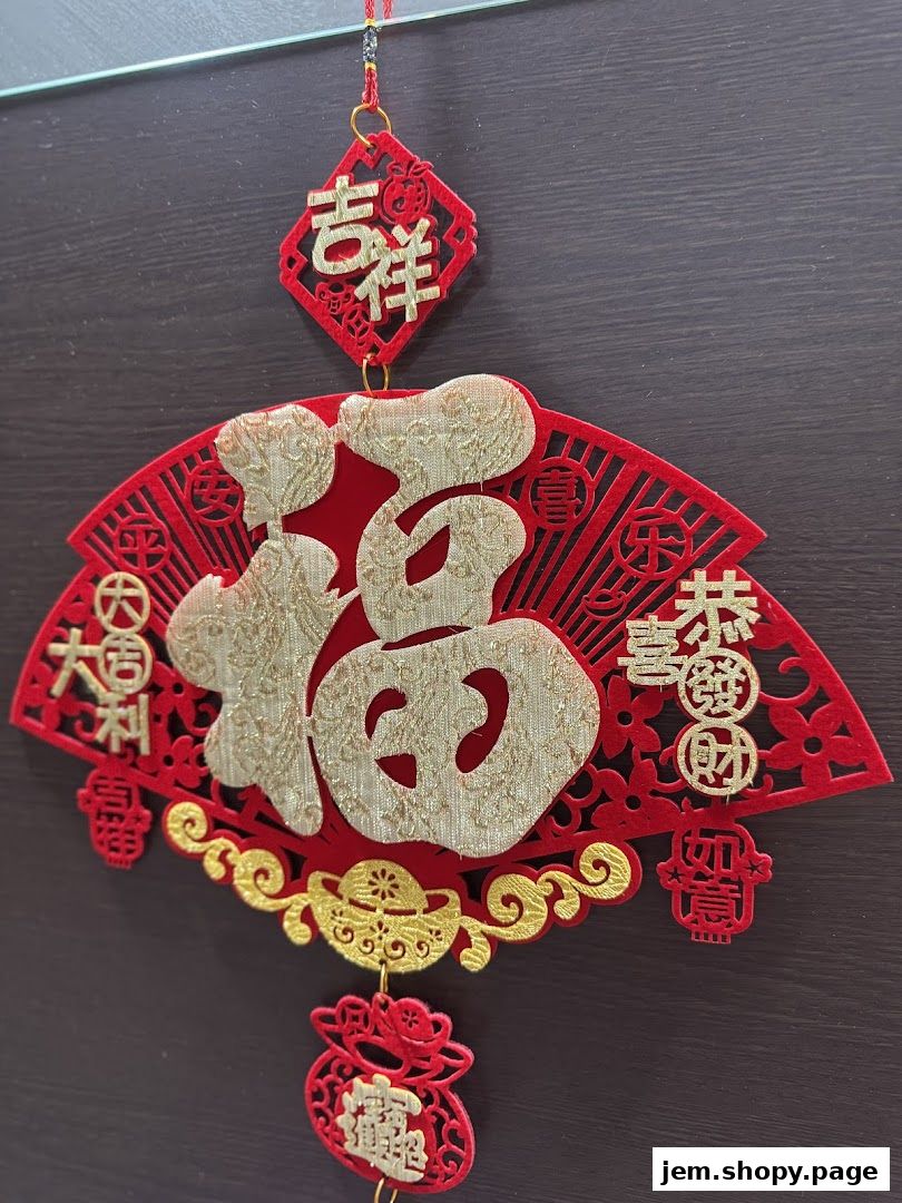 A red and gold Chinese New Year decoration with auspicious symbols and characters.