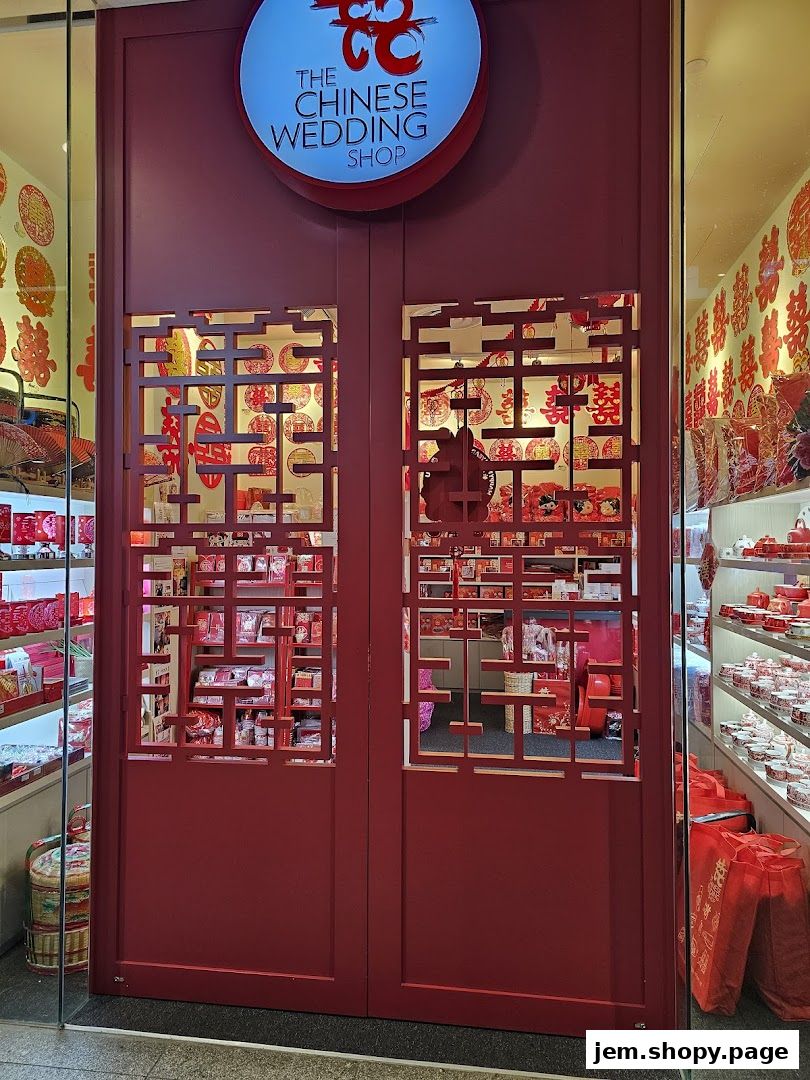 The entrance of The Chinese Wedding Shop, adorned with traditional red wedding decorations.