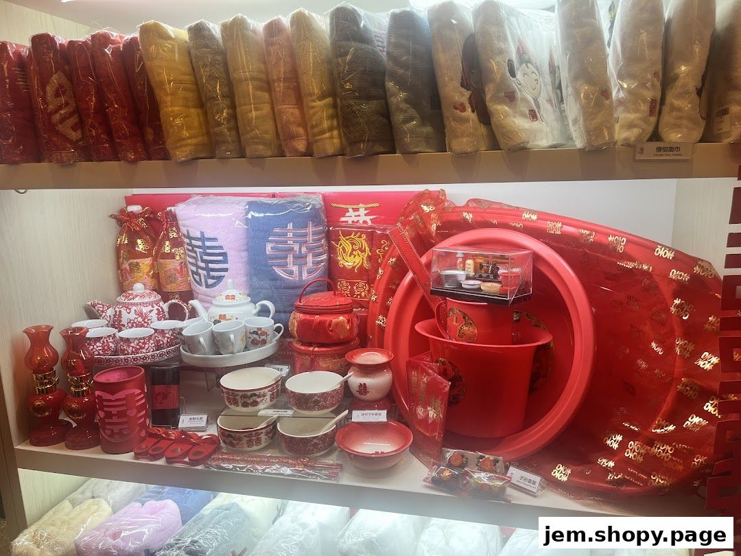 A display of traditional Chinese wedding items, including tea sets, towels, and decorative pieces.