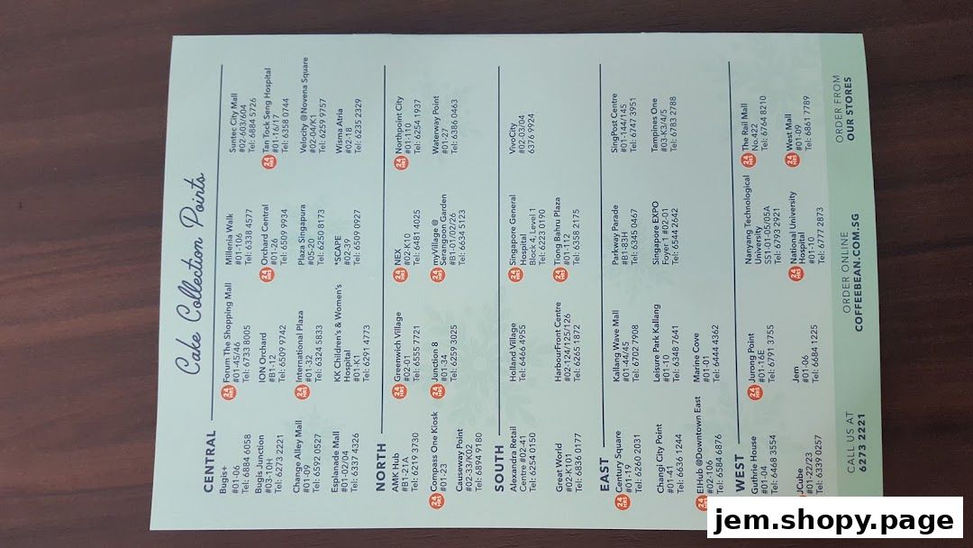A list of Coffee Bean & Tea Leaf cake collection points across various locations.