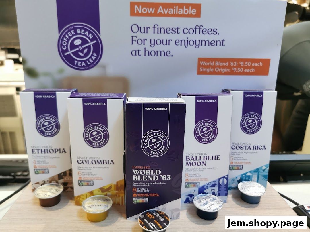 Coffee Bean & Tea Leaf coffee capsules and boxes are displayed.