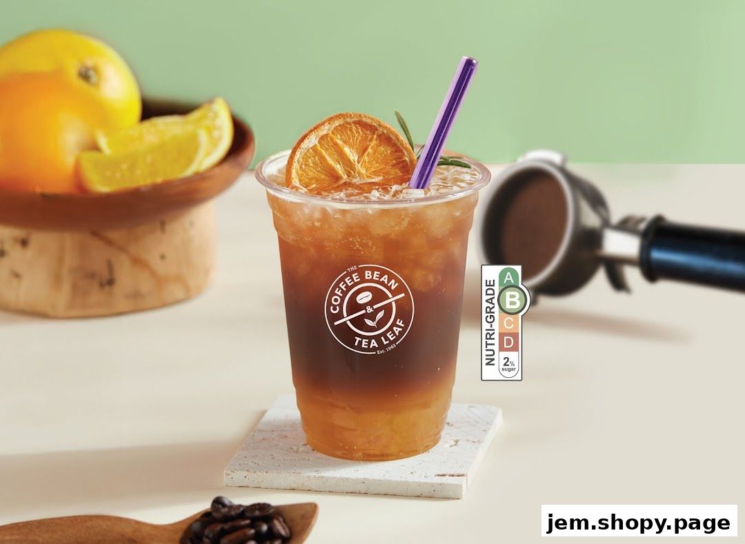 A refreshing iced coffee drink with orange slices and a nutri-grade label.