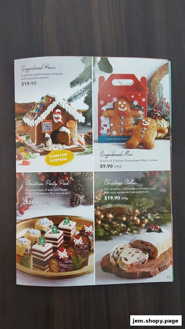 A catalog page showcasing Christmas-themed baked goods from The Coffee Bean & Tea Leaf.