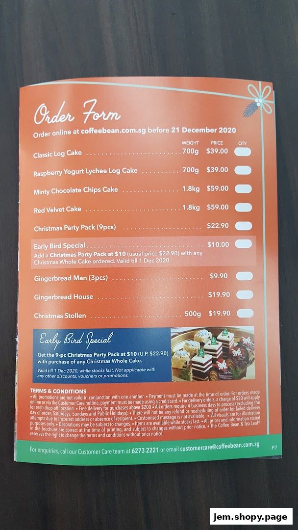 An order form for Christmas cakes and party packs from The Coffee Bean & Tea Leaf.