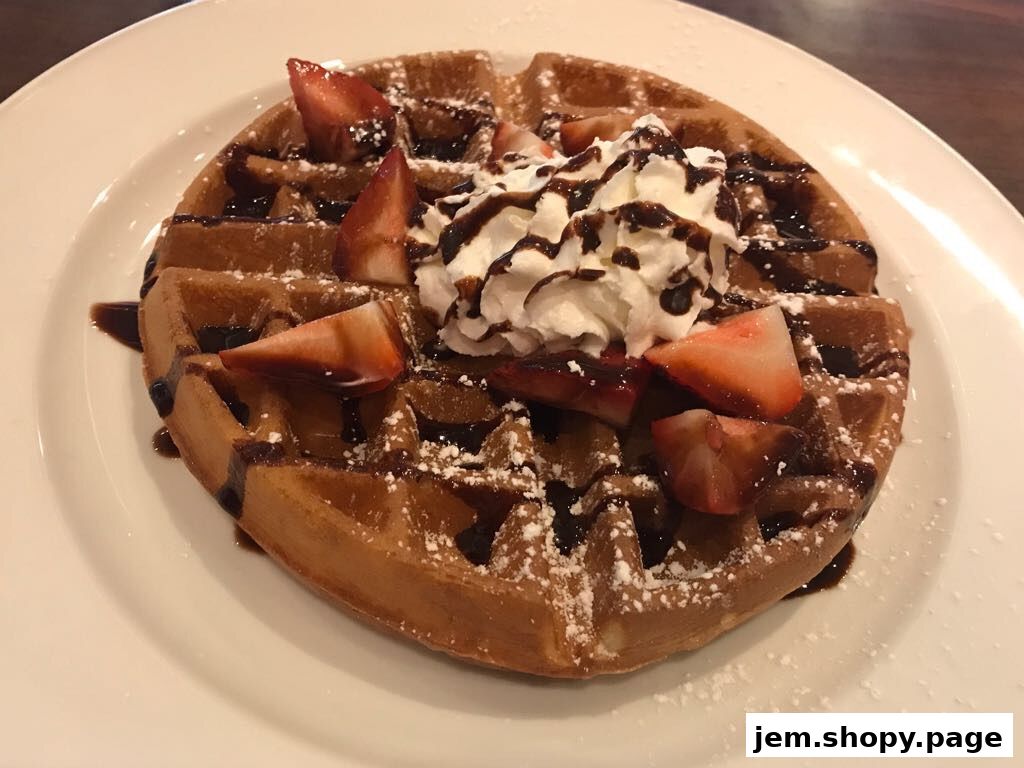 A delicious waffle topped with whipped cream, strawberries, and chocolate syrup.