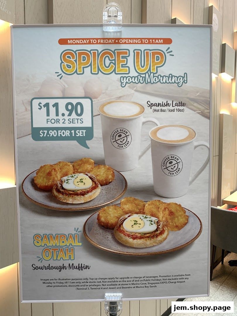 A promotional poster for The Coffee Bean & Tea Leaf featuring a breakfast set with Spanish Latte.