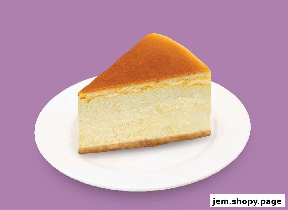 A slice of cheesecake on a white plate against a purple background.