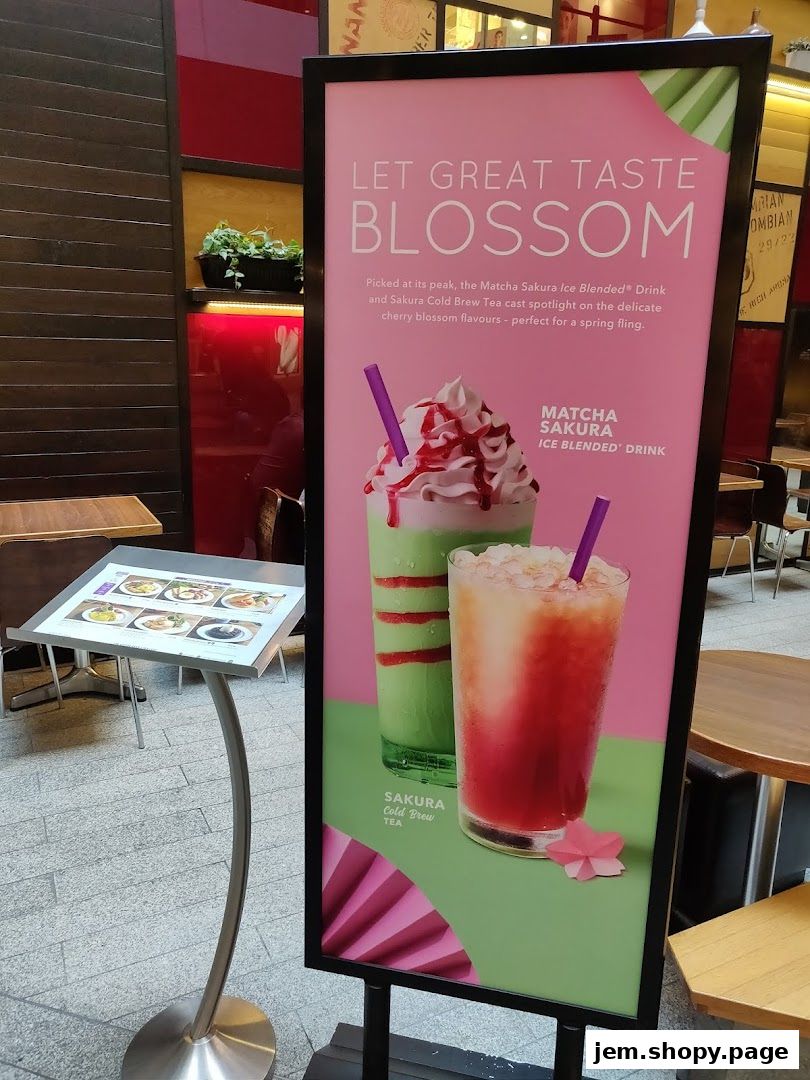 A sign advertising The Coffee Bean & Tea Leaf's Sakura-themed drinks.