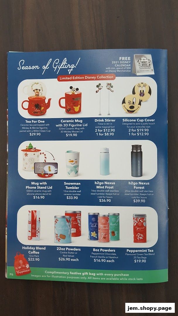 A catalog page showcasing a limited edition Disney collection of mugs, tumblers, and coffee/tea products.