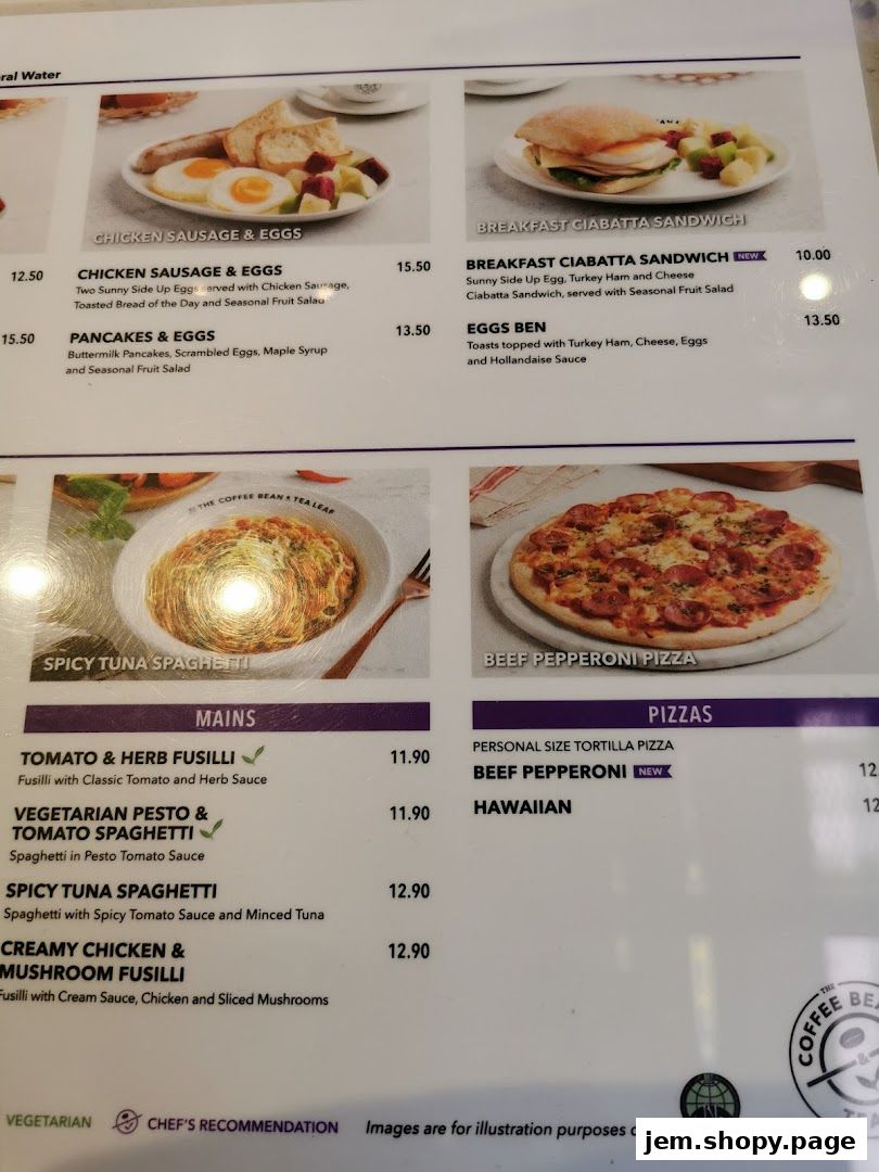 A menu from The Coffee Bean & Tea Leaf featuring breakfast, mains, and pizzas.