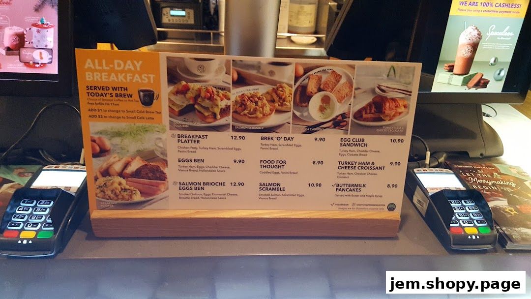 A menu display for The Coffee Bean & Tea Leaf's all-day breakfast items.