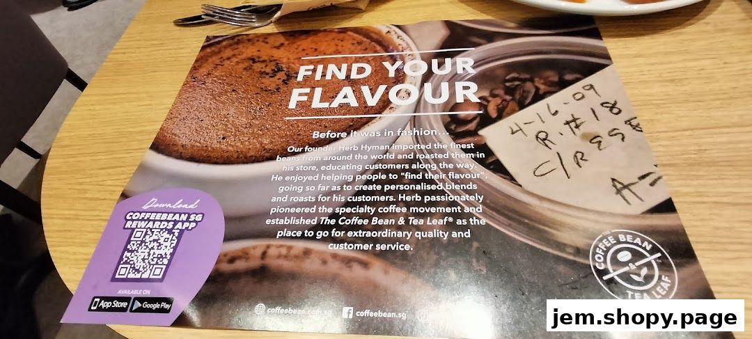 A flyer for The Coffee Bean & Tea Leaf promoting their rewards app and brand story.