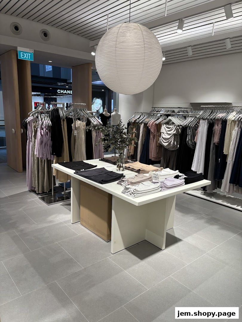 Interior of a clothing store with racks of apparel and a central display table.