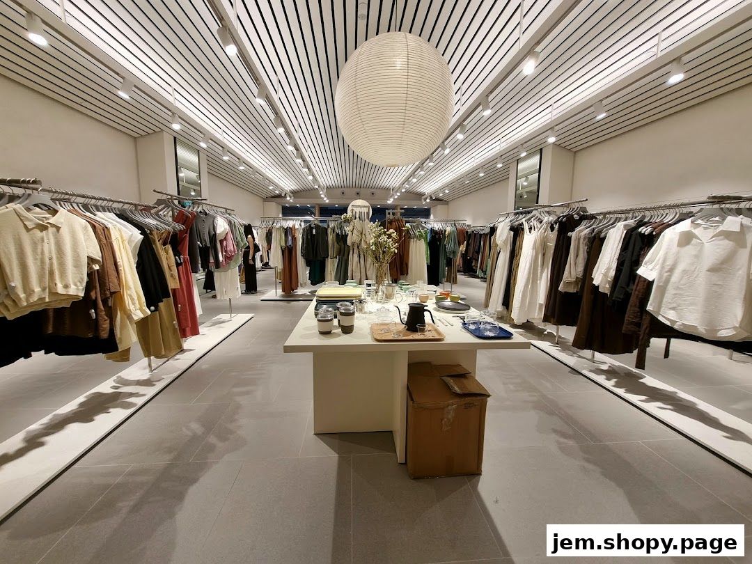 Interior view of a clothing store with racks of apparel and a central display table.