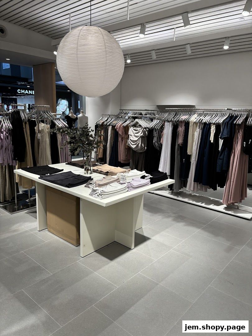 Interior view of a clothing store with racks of apparel and a central display table.