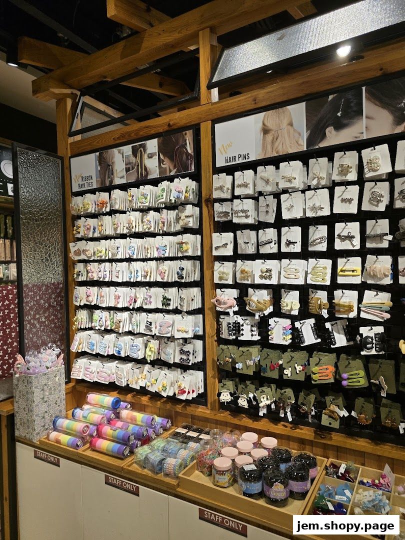 A retail display showcasing a wide variety of hair accessories, including hair ties and pins.
