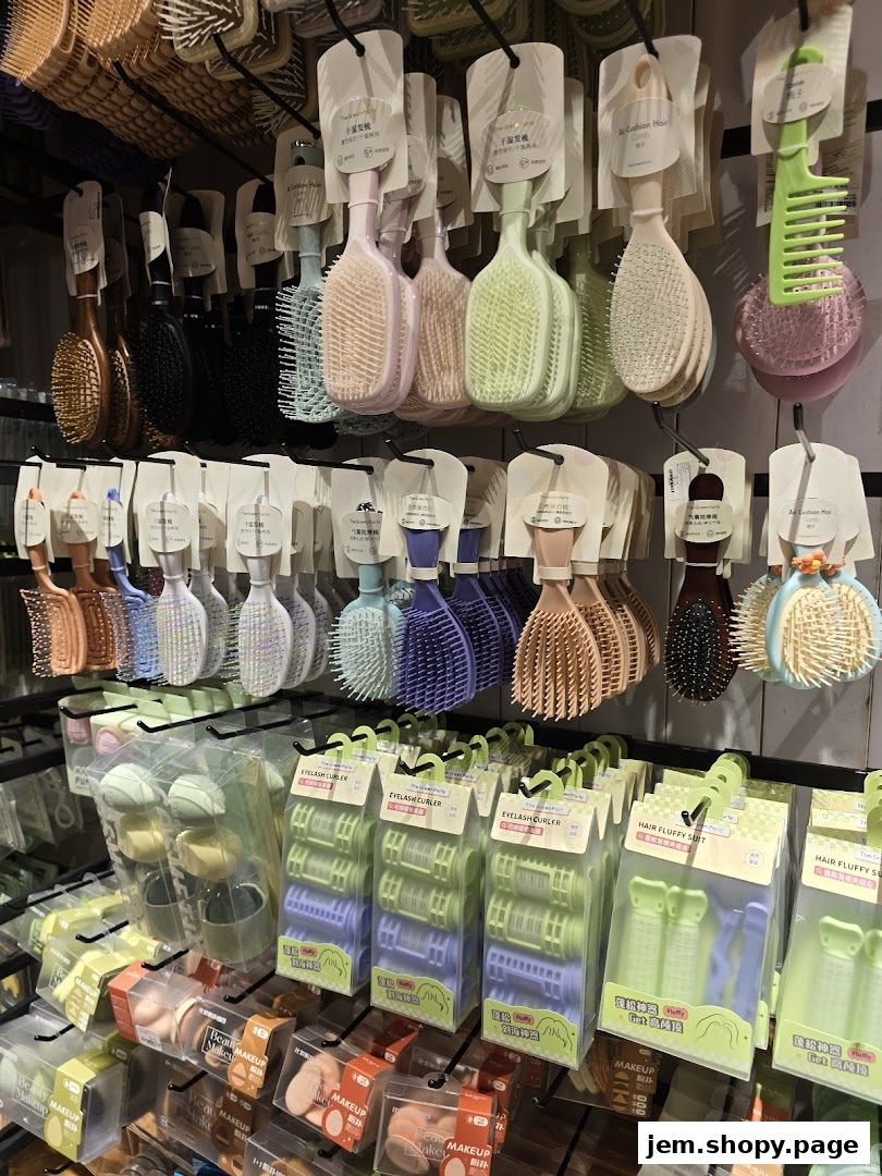 A display of hairbrushes, curlers, and makeup sponges in a retail store.