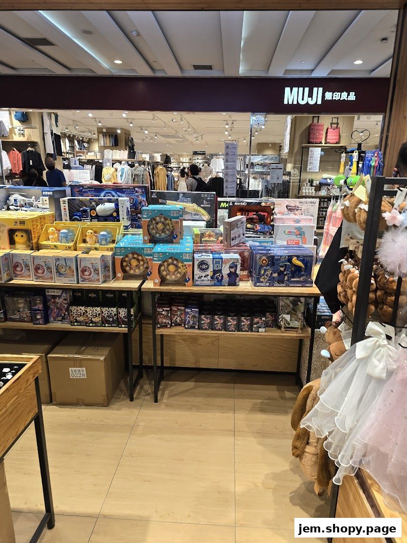 The entrance of a MUJI store displaying various toys and household items.