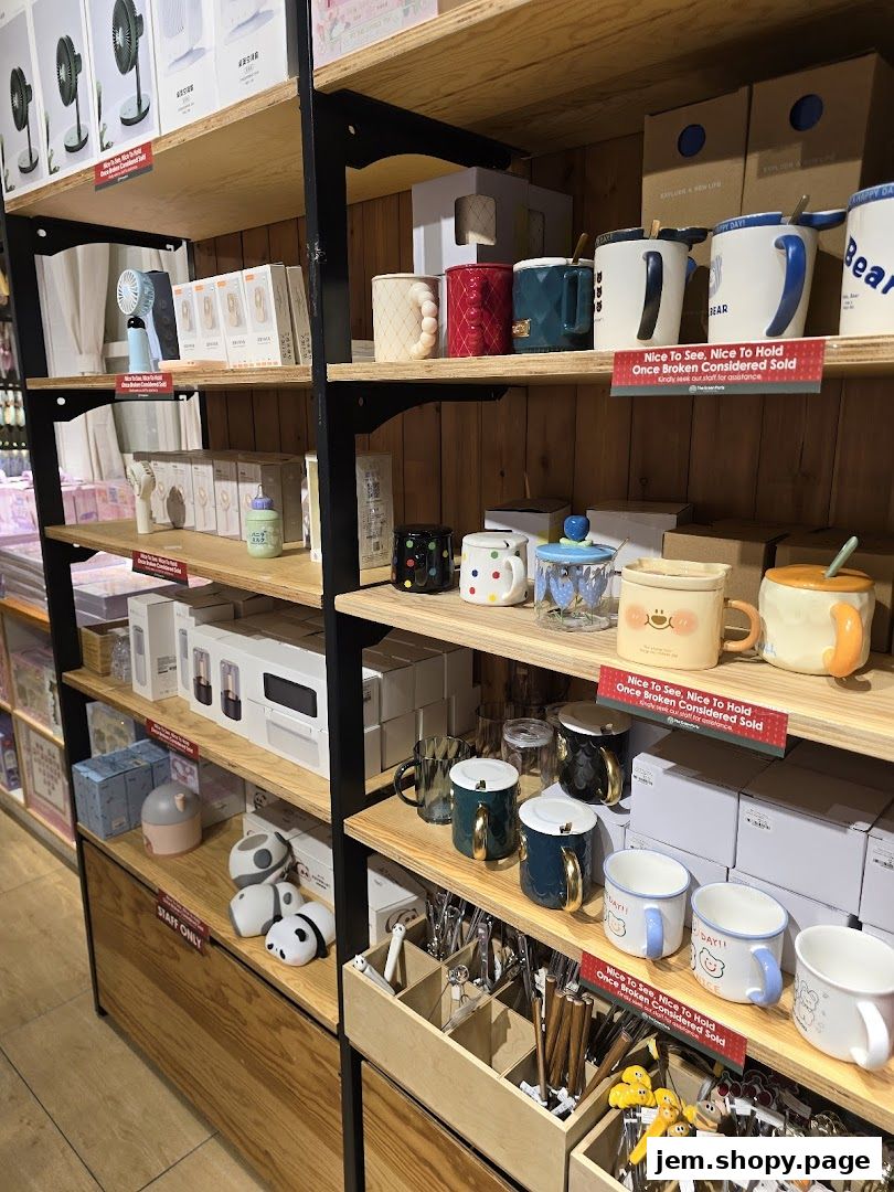 Shelves filled with various mugs, kitchenware, and small appliances in a retail store.