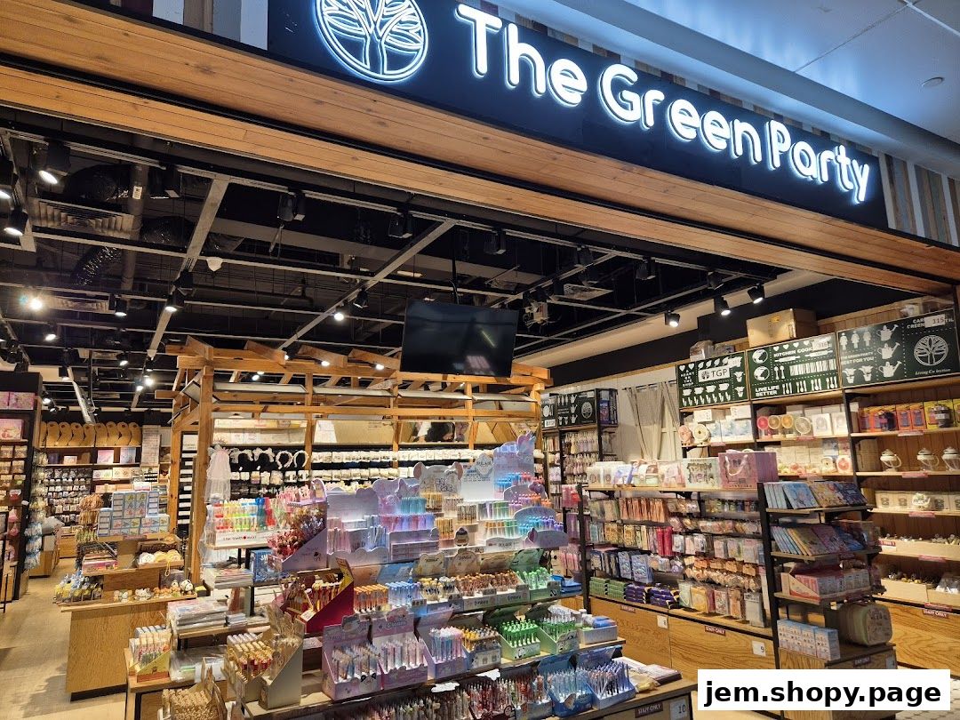 Interior view of 'The Green Party' shop showcasing a wide variety of colorful stationery and lifestyle products.