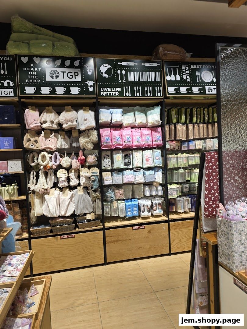 Interior view of The Green Party shop showcasing various lifestyle and home goods on shelves.