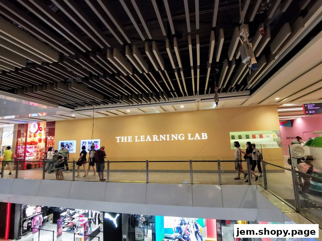 People walking past The Learning Lab store entrance in a modern shopping mall.