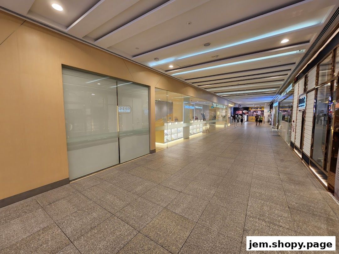 A wide corridor in a shopping mall with shops on both sides, including The Learning Lab.