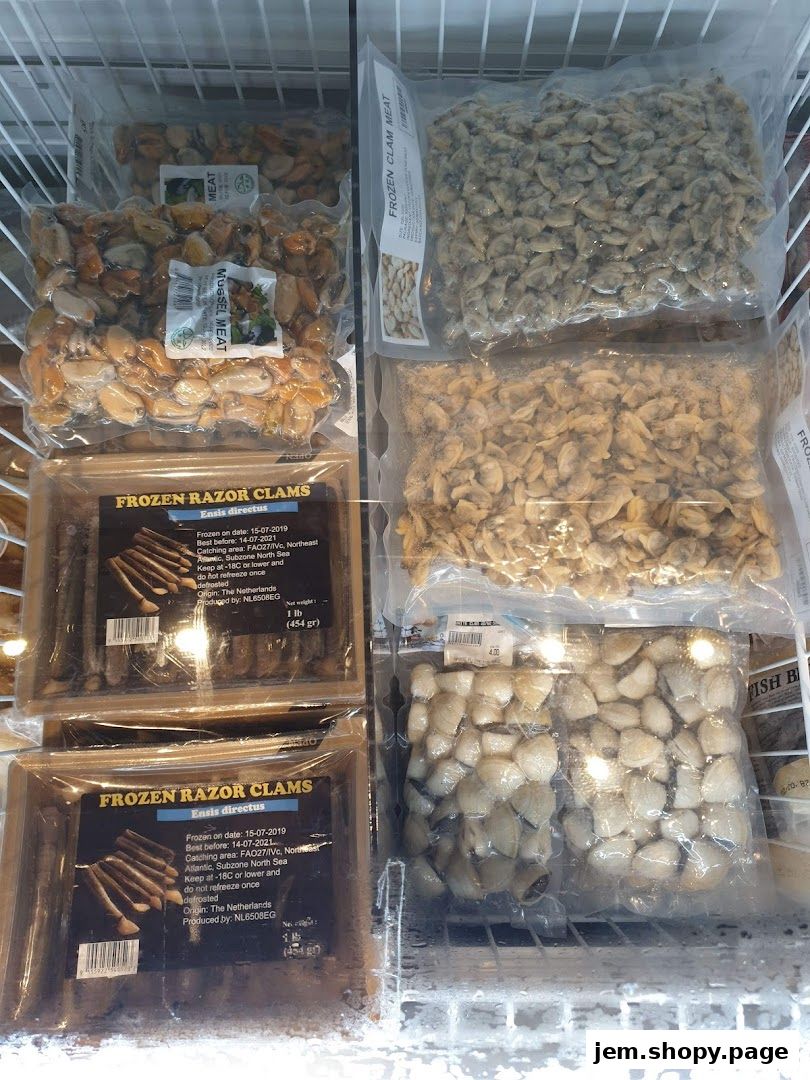 Frozen seafood products including mussels, clams, and razor clams in clear packaging.