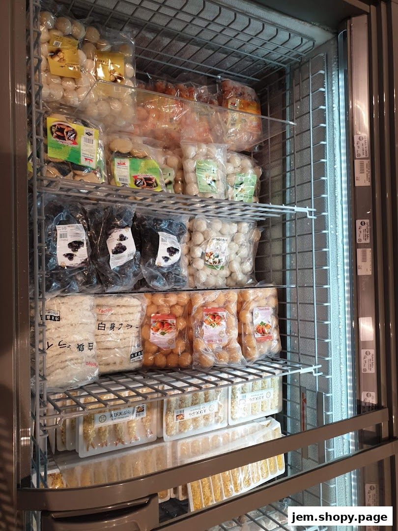 A freezer display filled with various packaged seafood products, including fish balls and shrimp.