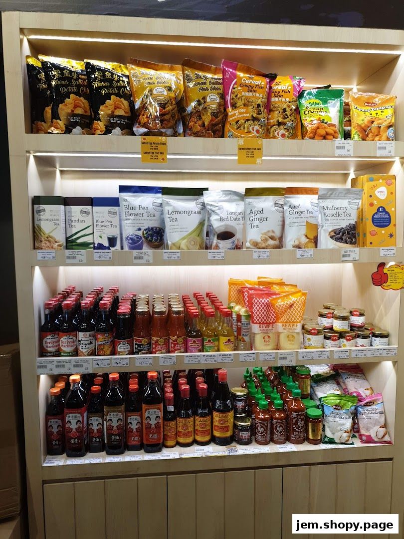 Shelves stocked with various snacks, teas, sauces, and condiments.