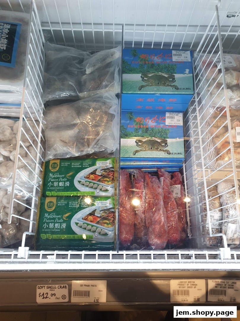 Frozen seafood products including crabs, prawns, and other items displayed in a freezer.