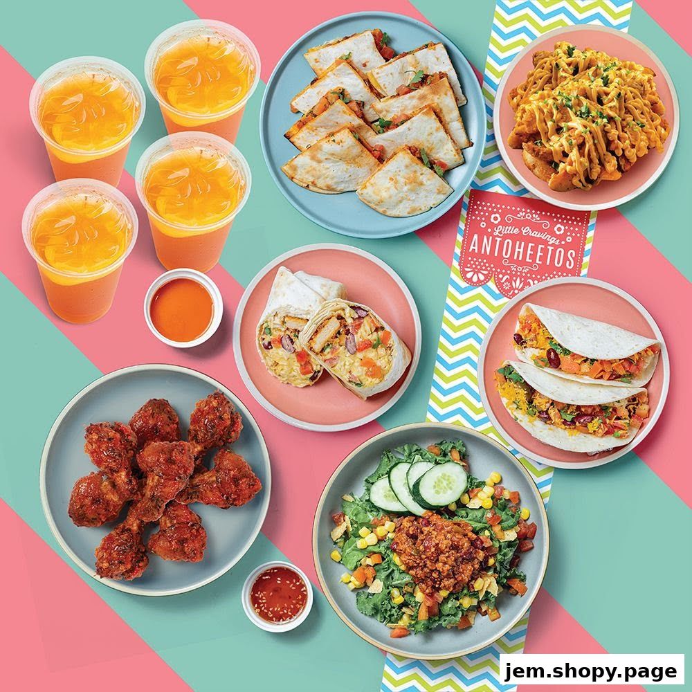 A vibrant flat lay of various Mexican-inspired dishes and drinks.