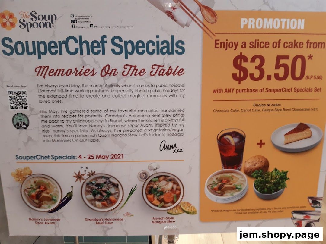 A promotional poster for The Soup Spoon's SouperChef Specials featuring special dishes and a cake promotion.