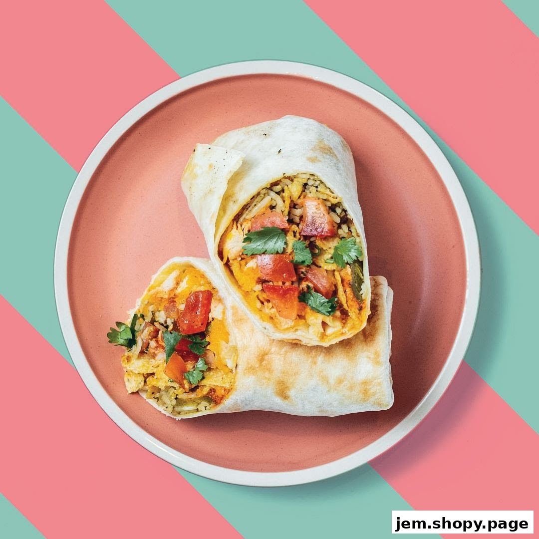 Two delicious burritos filled with rice, chicken, tomatoes, and cilantro on a pink plate.