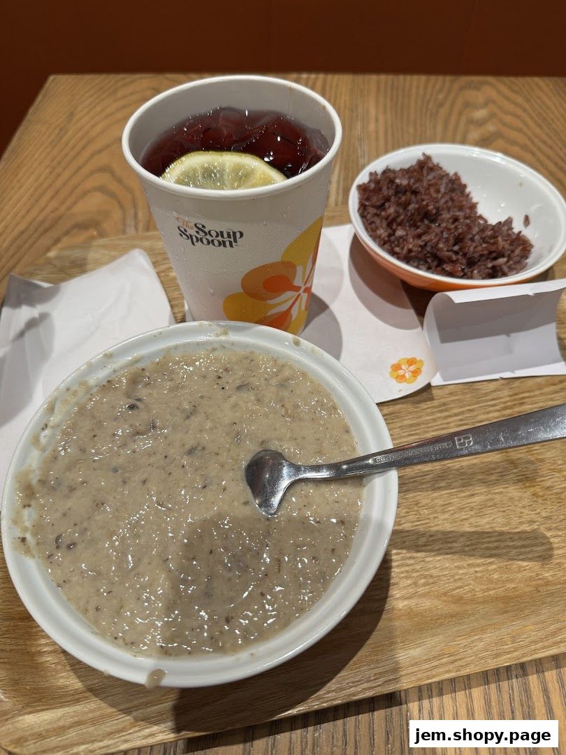 A bowl of creamy mushroom soup, a cup of iced tea with lemon, and a side of brown rice.