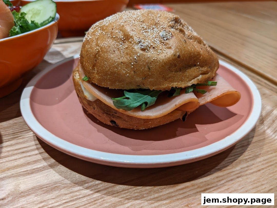 A close-up of a sandwich with ham and greens on a pink plate.