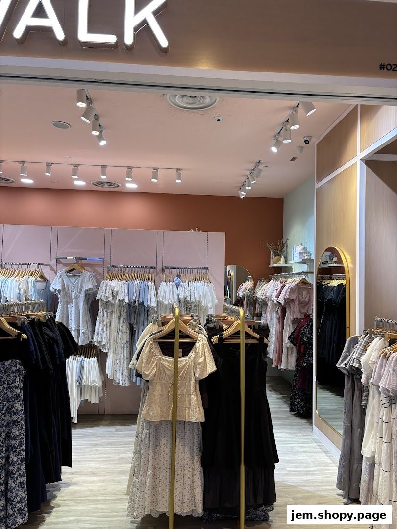 The Stage Walk clothing store entrance showcasing a variety of dresses and apparel.