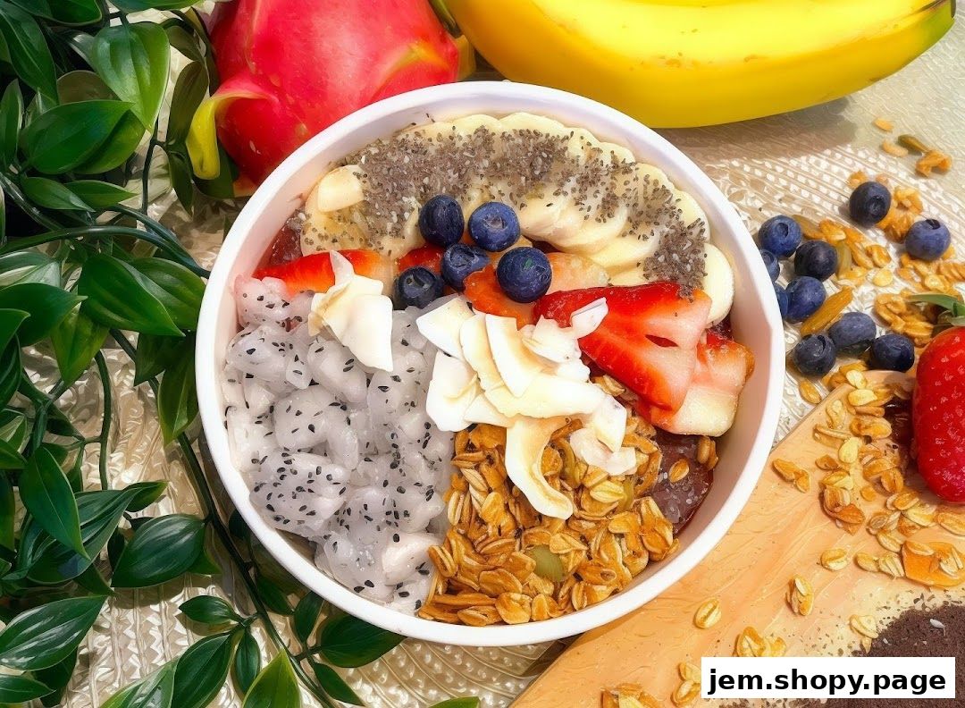 A vibrant açaí bowl overflowing with fresh fruits, granola, and coconut flakes.