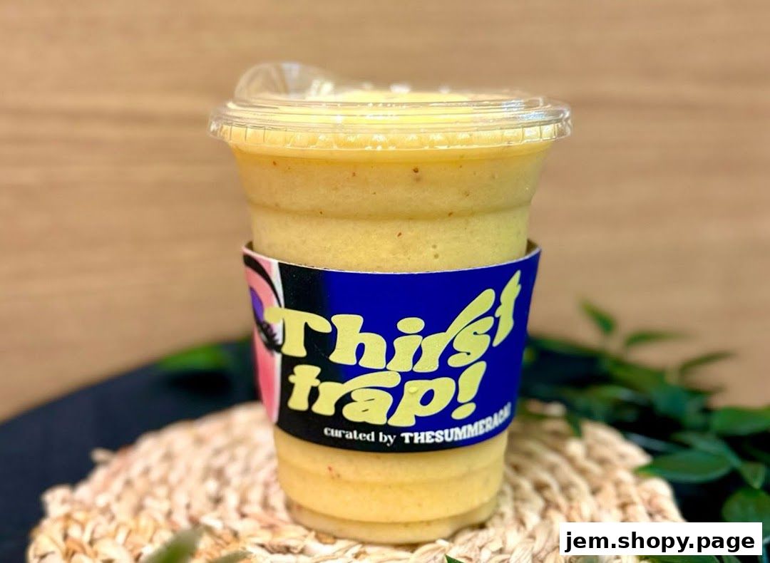 A refreshing yellow smoothie in a clear cup with a vibrant blue sleeve.