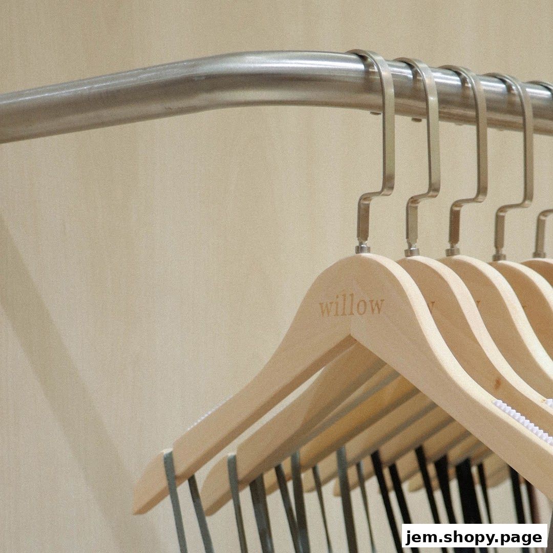 Wooden hangers with 'willow' logo hanging on a metal rail.